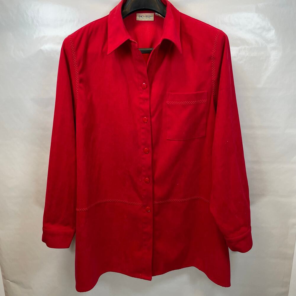 Kim Rogers Red Faux Suede Embroidered Button Up Shirt Blouse XL Women